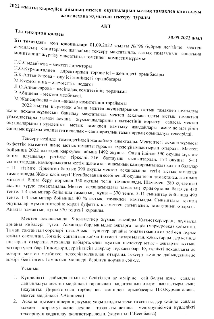 Мектеп асханасын тексеру актісі